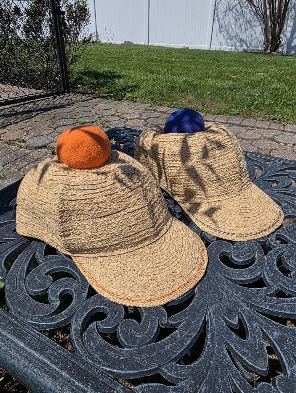 2 Lola Hats Straw Baseball Caps with Colorful Pom-Poms - Orange & Blue
